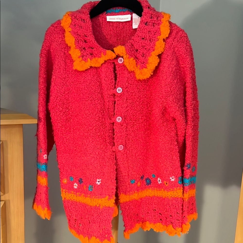Playful Pink and Orange Knit Sweater with Ruffled Collar size 4